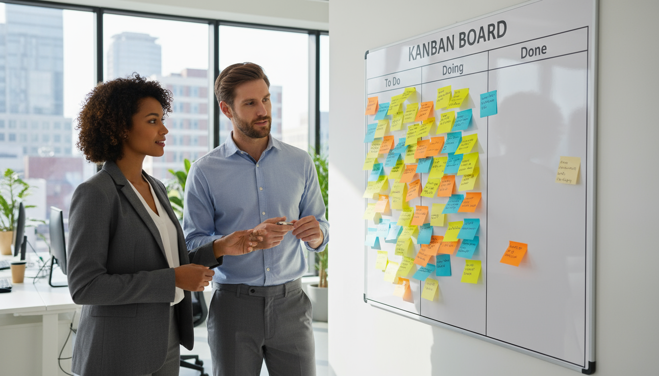 A knowledge worker thoughtfully reviews a planner or tablet at her clean, organized desk, with a physical Kanban board visible on the wall behind her.