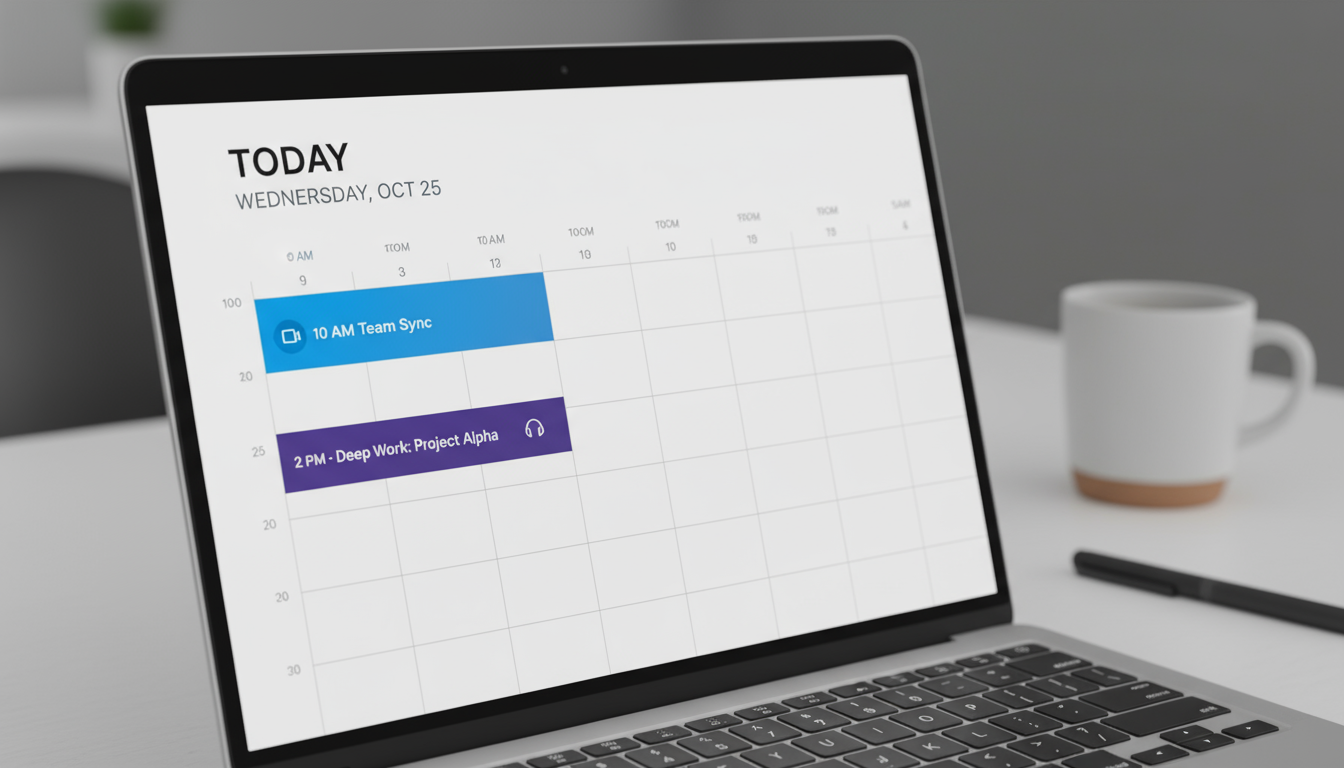 Close-up of hands reviewing an open minimalist planner on a wood desk, with a blurred tablet and pen nearby under soft natural light, symbolizing a co