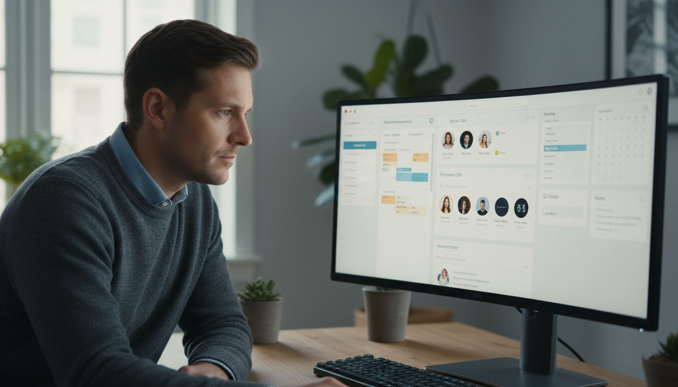 Over-the-shoulder view of a person setting up Todoist on a laptop. The screen shows projects and labels on a clean, organized desk with a plant.