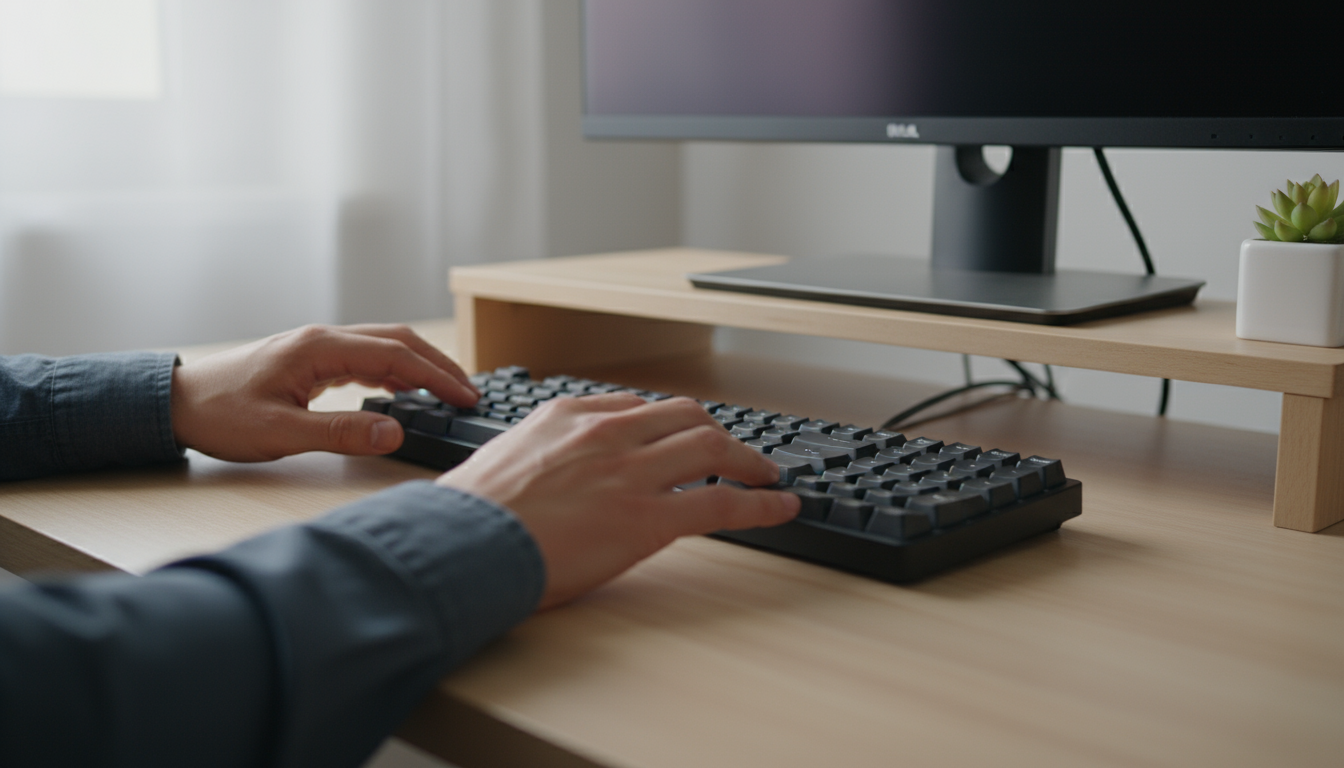 Over-the-shoulder view of a focused writer's hand on a sleek keyboard, monitor displaying text, capturing intense deep work.