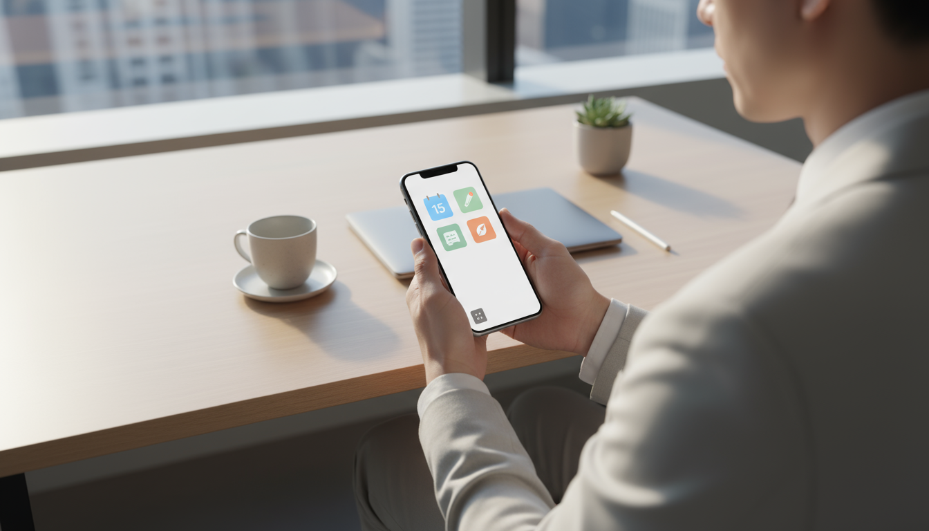 Hands of a professional holding a smartphone, displaying a clean, focus-first home screen with only essential utility apps and no notification badges.