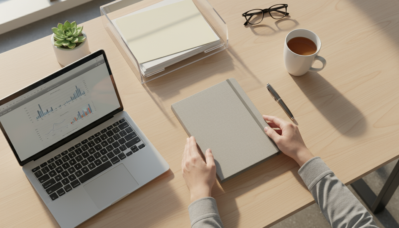 Close-up overhead view of a clean, minimalist desk with hands organizing a notebook next to a laptop, demonstrating workspace zoning.