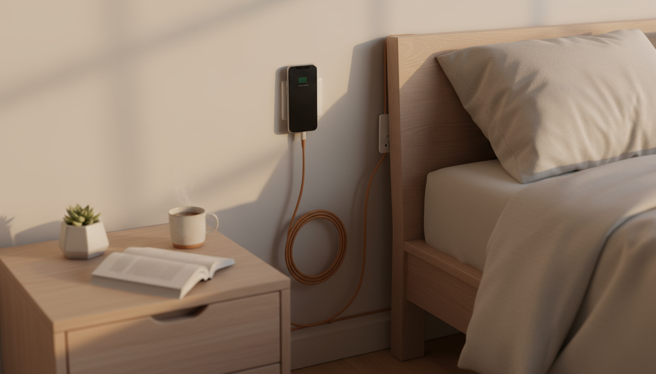 A person's hand picks up a smartphone from a side table next to a sofa, depicting the start of an automatic habit.