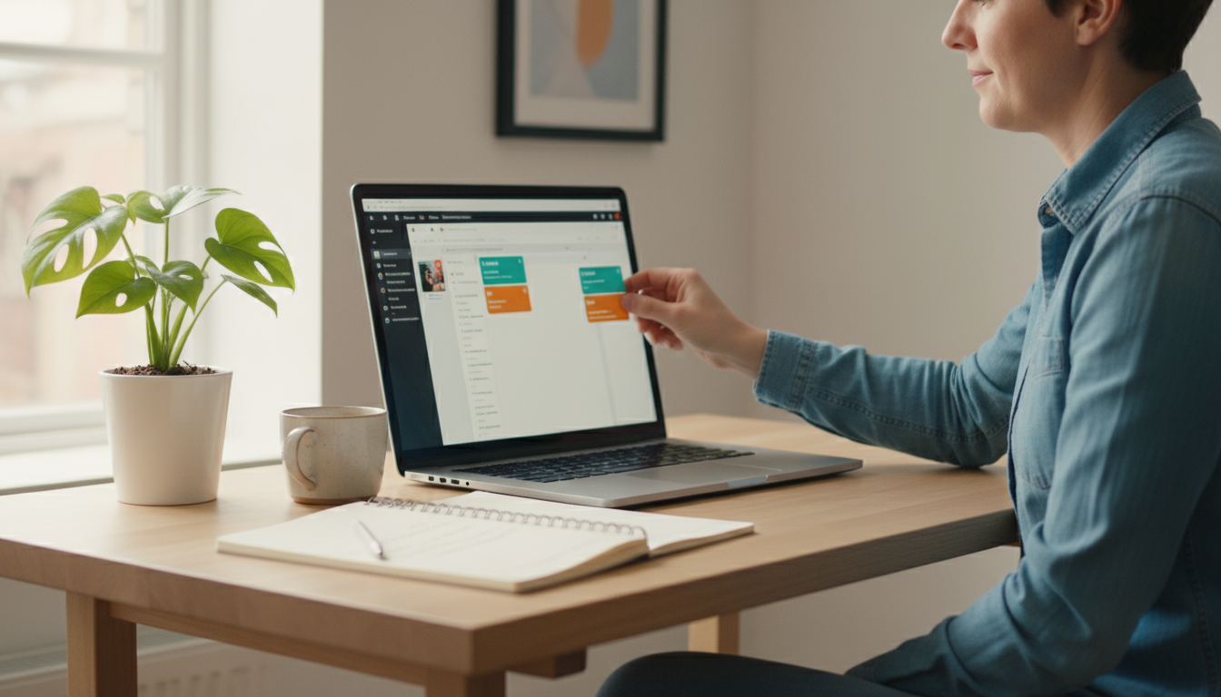 A knowledge worker thoughtfully reviews a time management app's dashboard on a laptop at a clean, naturally lit desk with a plant.