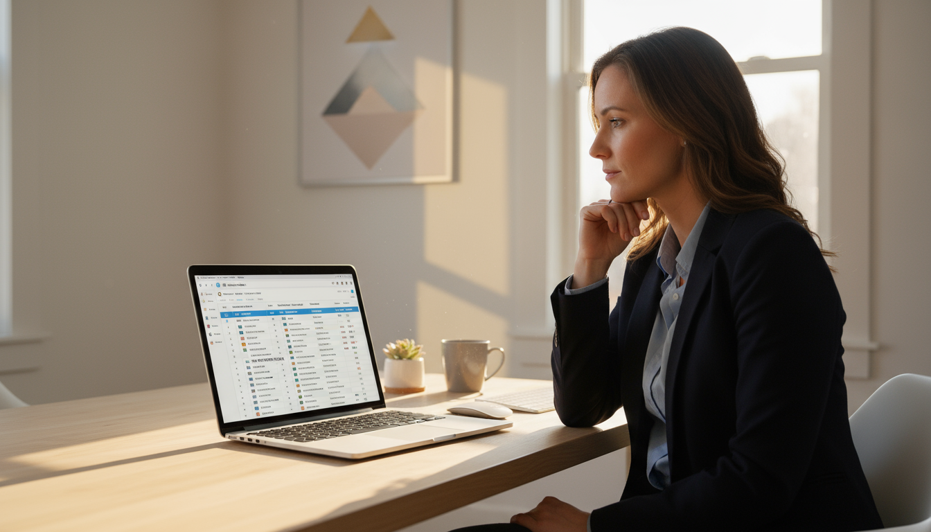 A professional woman calmly reviews her digital task list on a monitor, hands relaxed, ready to engage with focused work in a tranquil office.