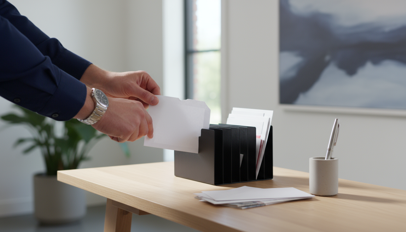 Professional's hands placing a letter into a sleek metal mail sorter on a minimalist console table, part of an organized 'landing strip' for incoming