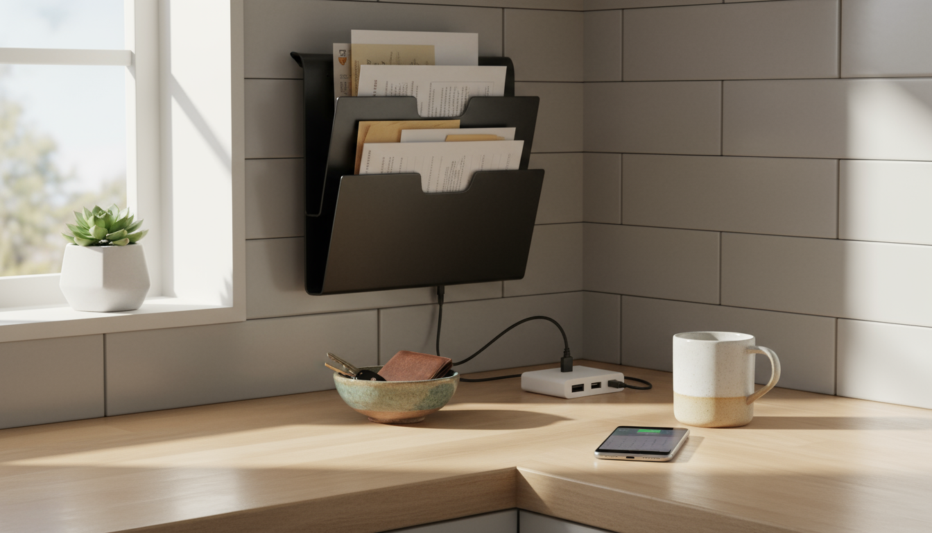 A wide-angle, eye-level shot of a chaotic wooden home office desk, overflowing with paper piles, tangled cords, scattered pens, and precariously stack