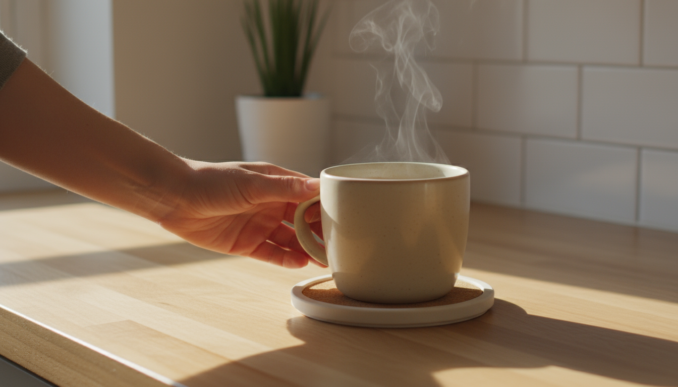Hand hovering over a smartphone with a meditation app on a cushion beside a minimalist desk, symbolizing a small, easy step.