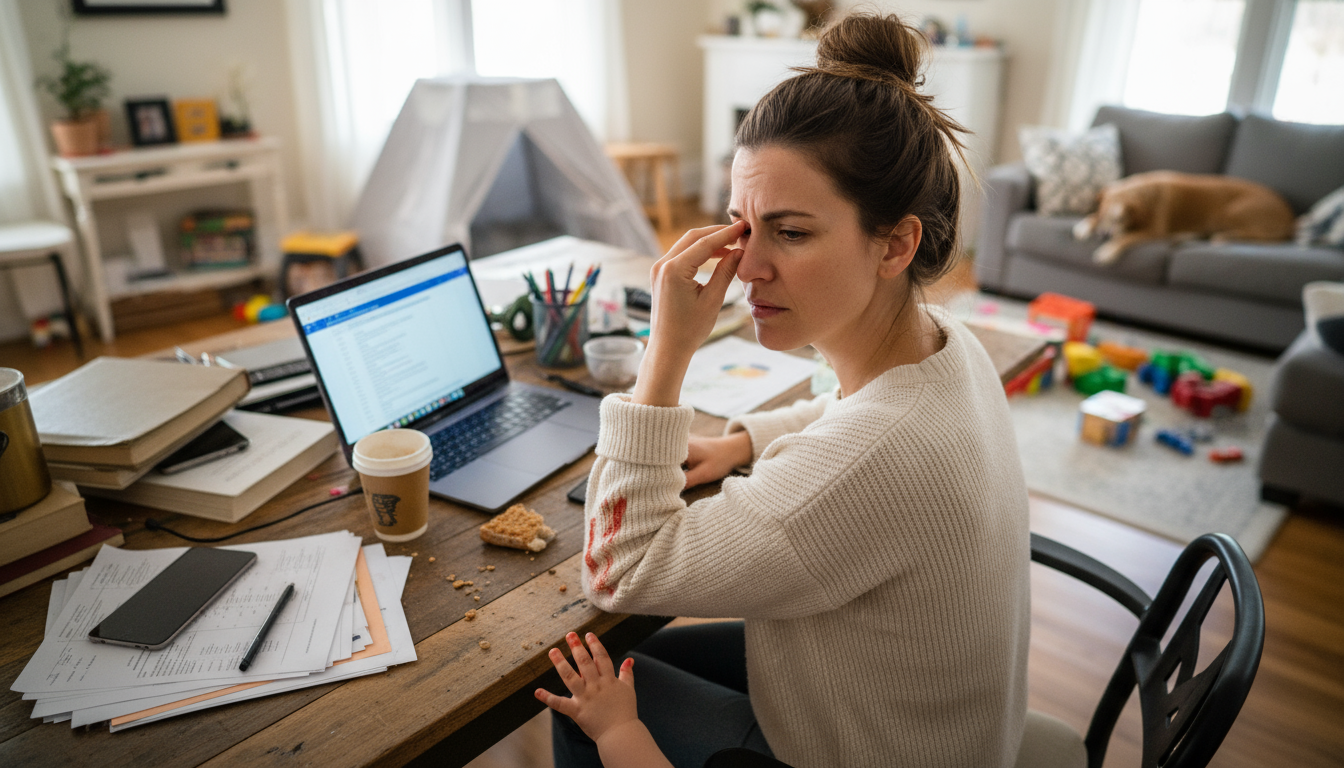 A professional's hands gently close a laptop on a clean, organized oak desk, signifying the workday's end in warm evening light.
