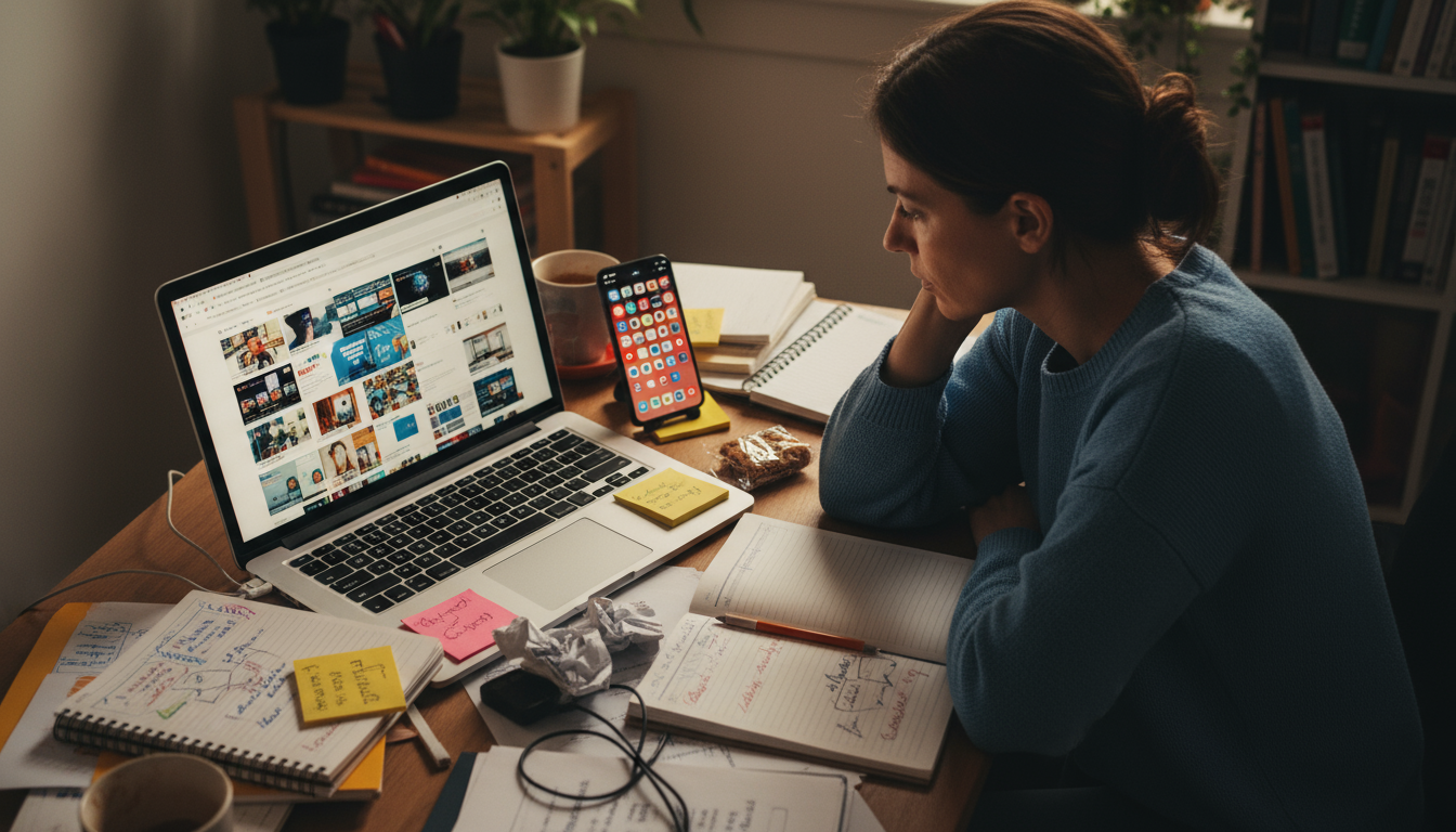 Man in noise-canceling headphones intently types on a laptop at a home desk, focused despite a subtly active domestic background.