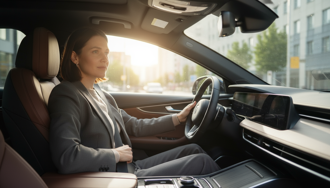 Man with eyes closed, hands resting on a clear kitchen table, meditating while a coffee maker brews in a minimalist kitchen.