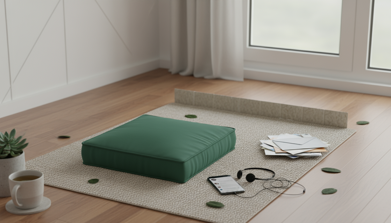 A woman sits calmly in a minimalist armchair in a softly lit bedroom, eyes closed, beginning an evening meditation.
