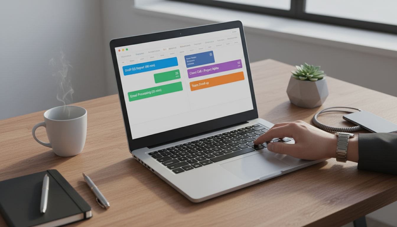 Hands tidying papers on a modern desk at dusk, with a laptop showing tomorrow's calendar and a phone charging, reflecting an end-of-day reset.