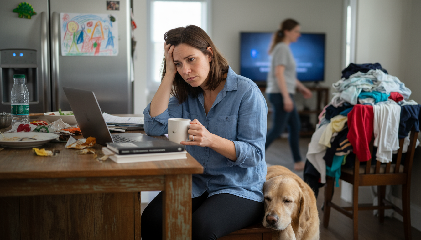 A knowledge worker's desk overloaded with open laptops, a second monitor displaying data, physical notebooks, papers, and a smartphone, conveying inte