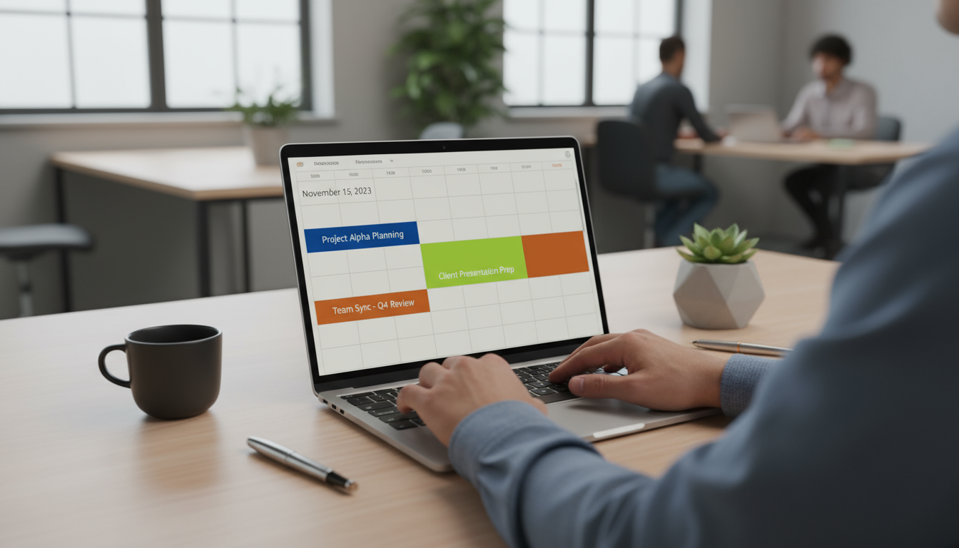 A hand with a pen poised over a notebook on a clean, light wood desk, next to an open laptop and a digital timer.