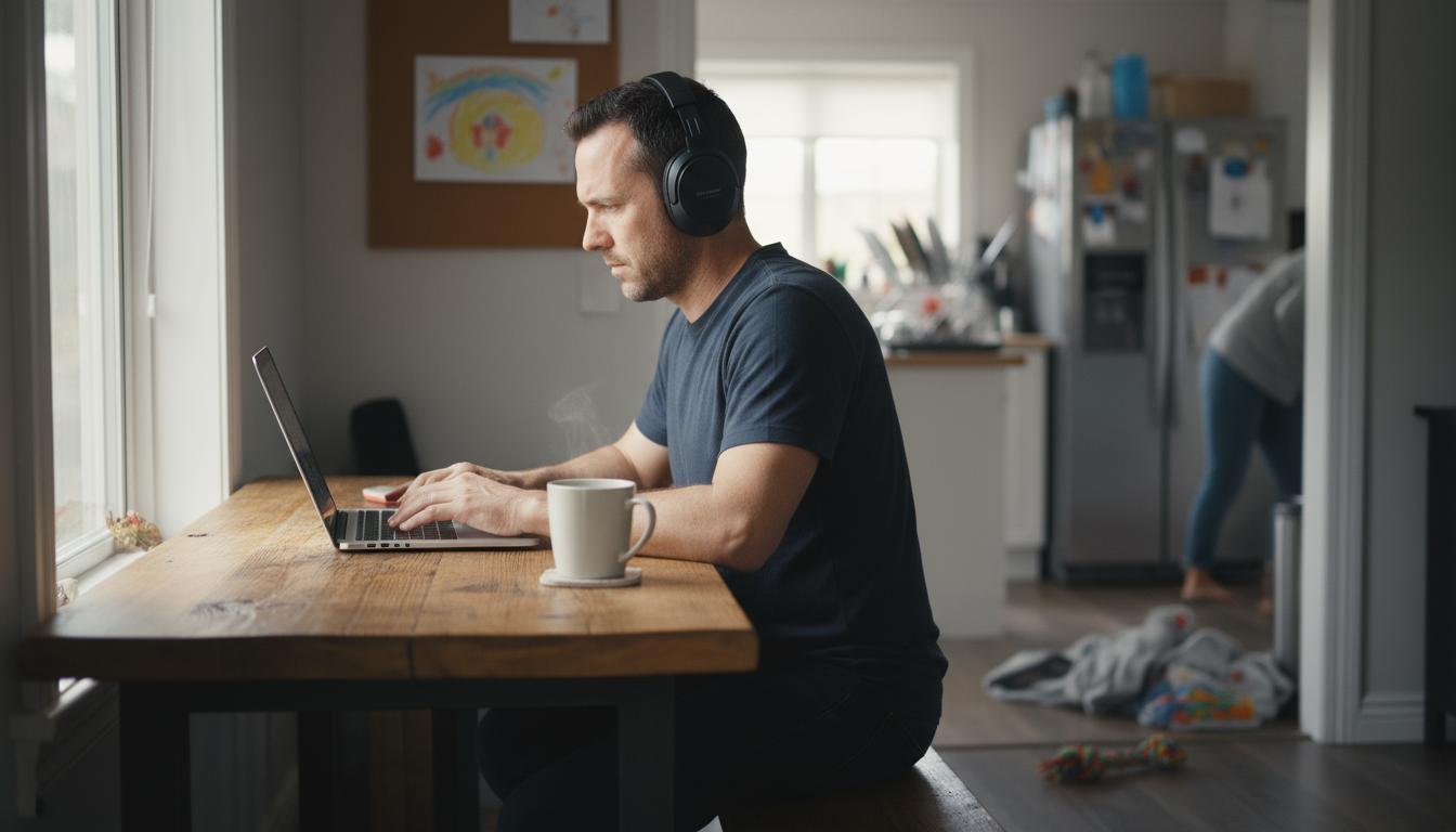 A minimalist home office desk with a laptop, notebook, pen, and a modern cube timer. A hand is seen placing a smartphone out of sight, signaling deep