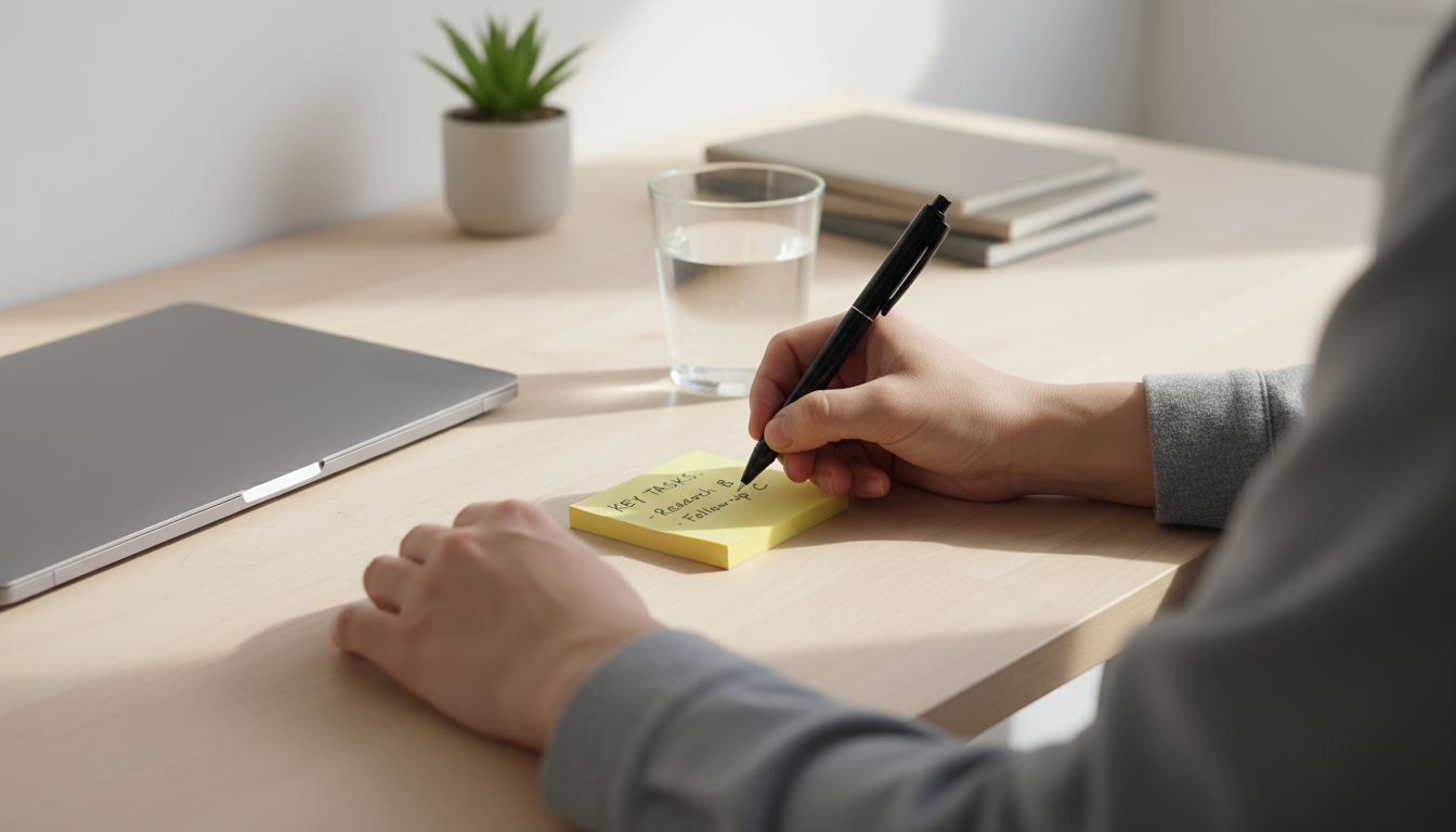 A professional approaches a perfectly prepped home office desk in soft morning light, ready for focus with laptop open and no phone.