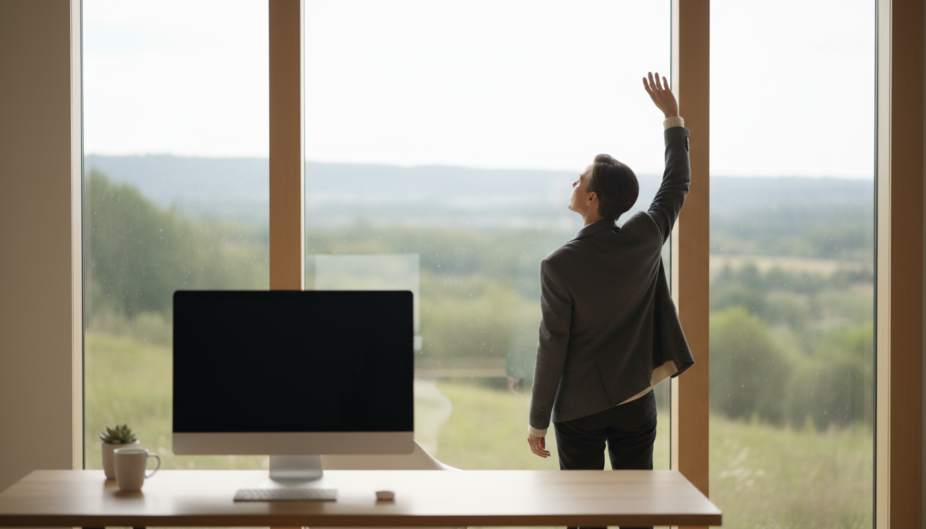A professional sits calmly at a neat desk, hands resting on a keyboard, refocusing on their monitor after a brief pause.