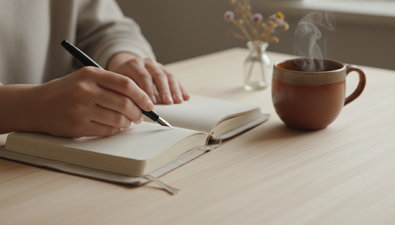 Person with noise-canceling headphones focused at a closed-door home office desk, with hints of a busy family home visible just outside the frame.
