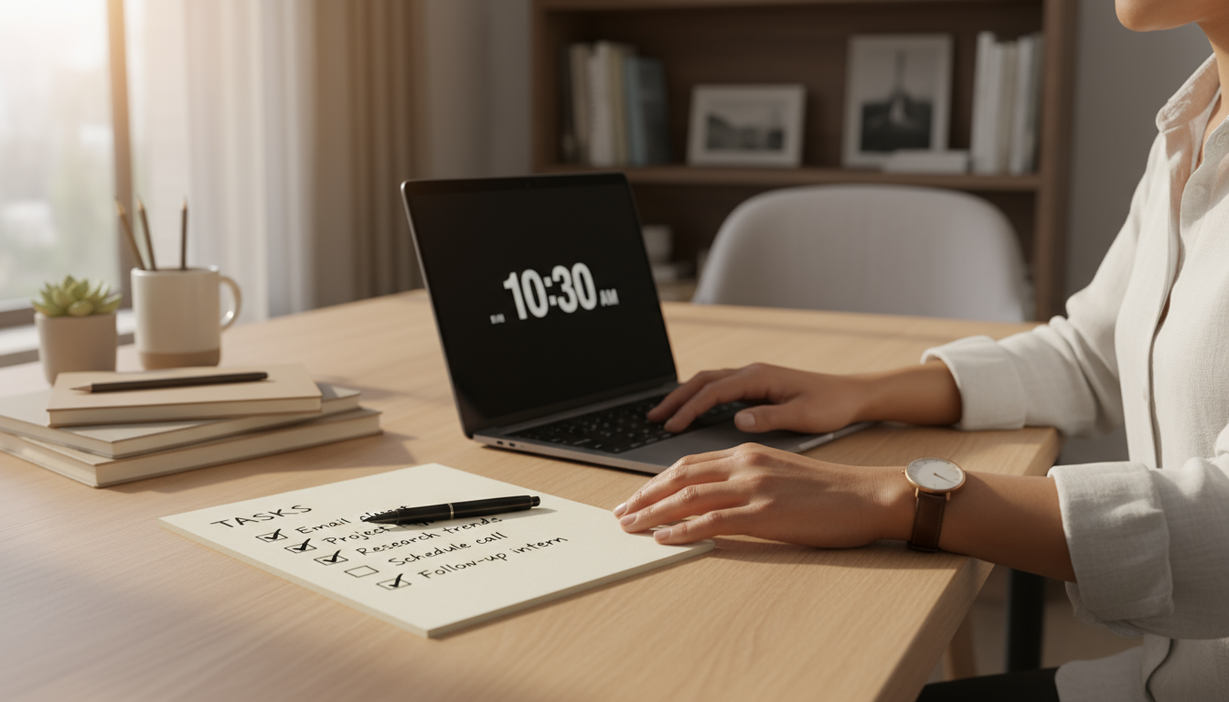 A focused professional thoughtfully reviews a digital weekly planner on a laptop screen at a minimalist desk, embodying strategic reflection.