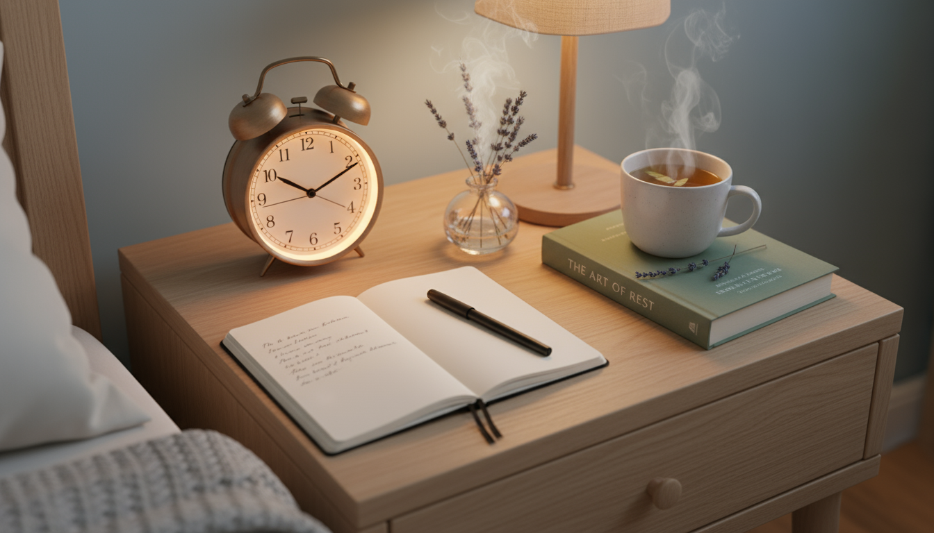 A tidy kitchen counter with a steaming coffee maker and an open journal with a pen intentionally placed next to it, under soft morning light.