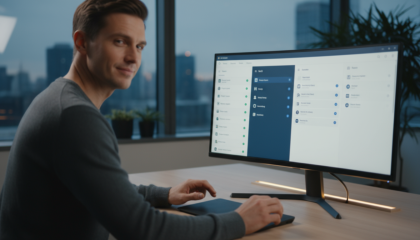 A professional woman pauses, hand hovering over keyboard, contemplating a new chat message on her laptop screen at a tidy desk in soft, late afternoon
