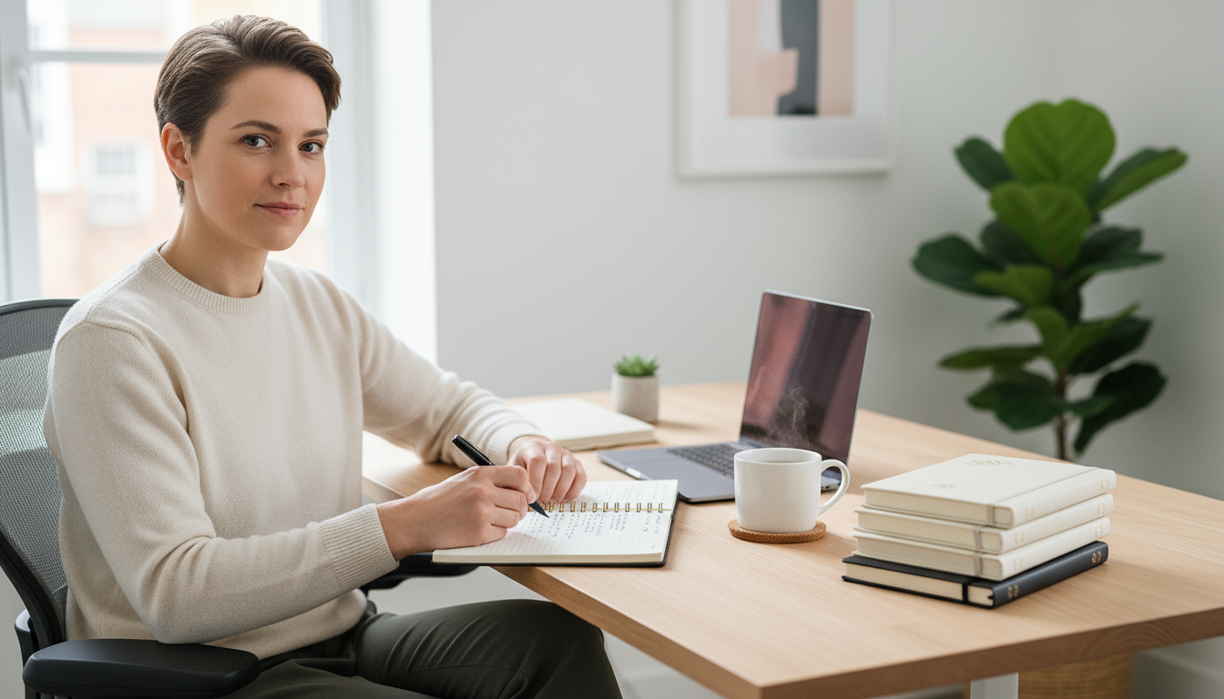 Man in a minimalist home office holds a pen over an open notebook, reflecting quiet determination to restart a habit.