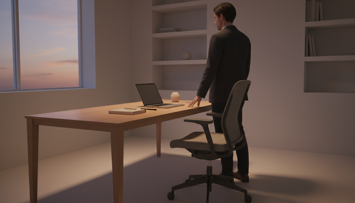 Hands poised with a pen over a notebook displaying a single task, beside a 25-minute Pomodoro timer on a clean, light wood desk.