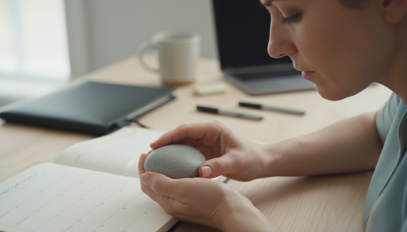 A professional calmly unrolls a yoga mat indoors, adapting to gloomy, rain-streaked weather visible outside a window.