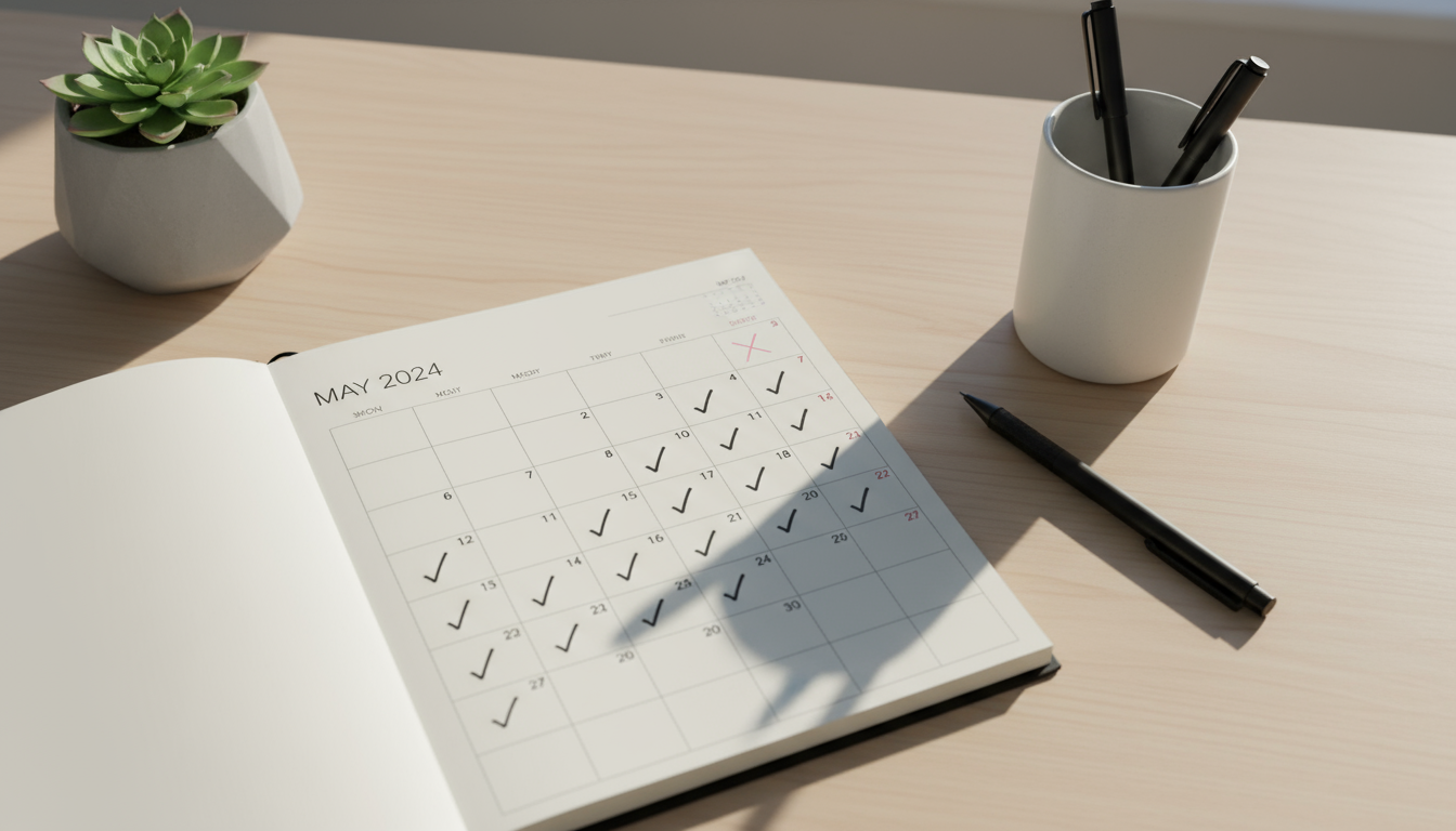 Unrolled grey yoga mat, tablet with paused workout video, stainless steel water bottle, and white towel neatly arranged on a wood floor, ready for a h