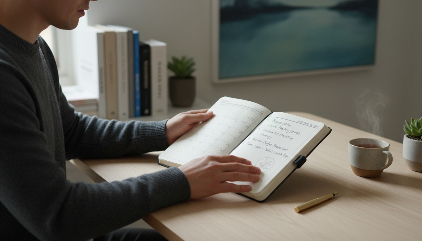 A professional thoughtfully reviews personal OKR progress in a minimalist home office during their weekly check-in, pen ready.