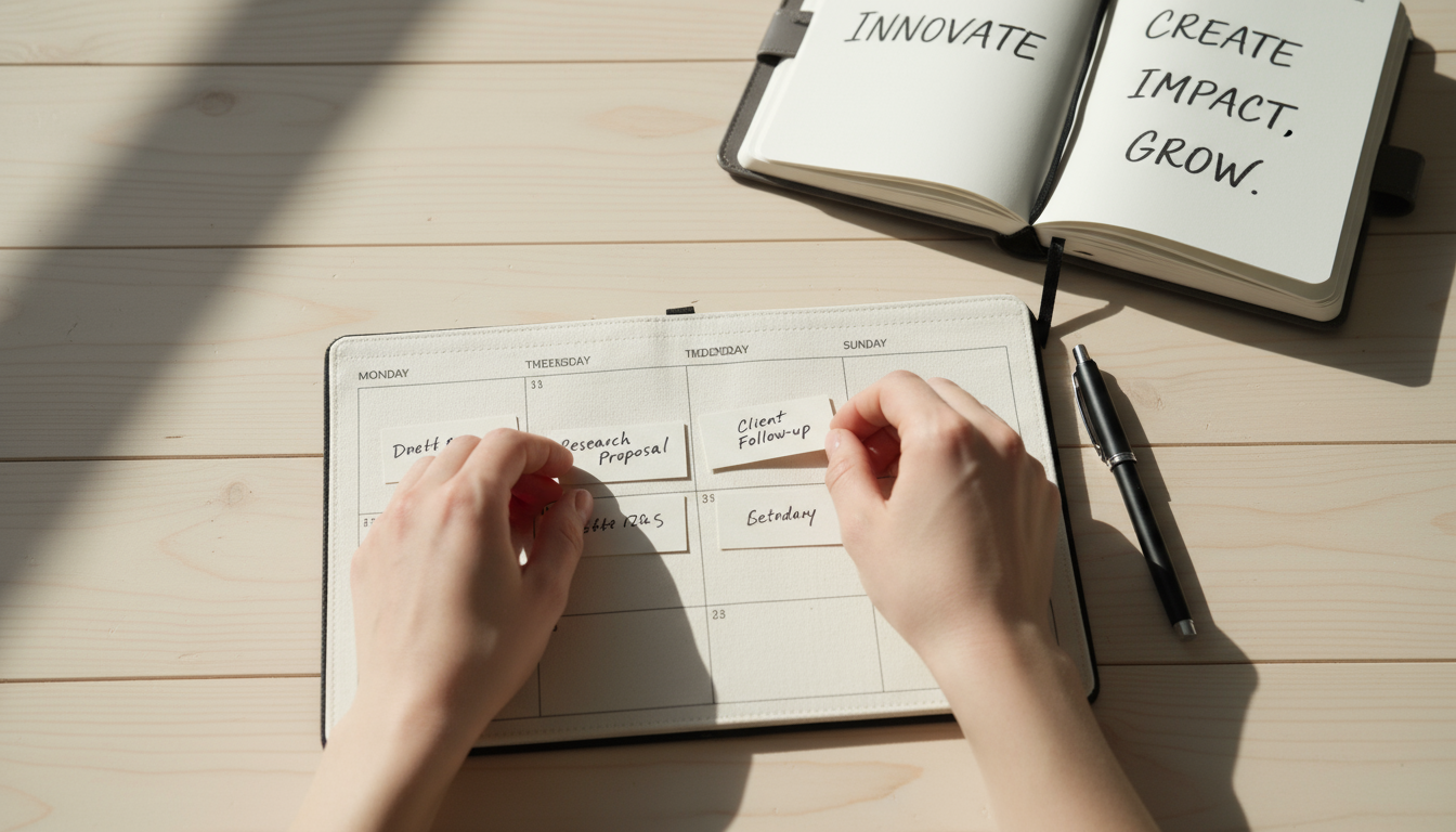 A person in activewear reviews a digital fitness tracker on a tablet at a kitchen counter, showing a running schedule and weight loss goals.