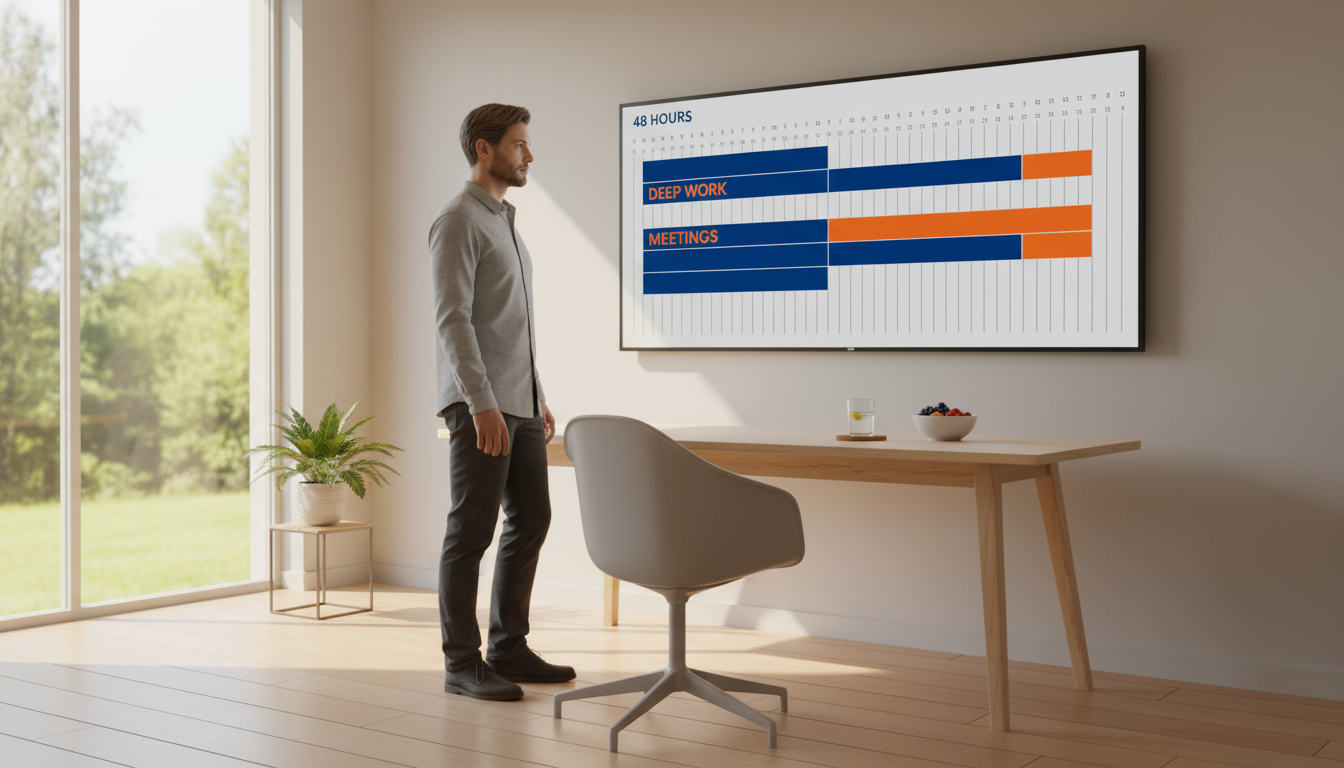 A professional stands by a clean IKEA-style desk, intently reviewing a detailed digital 48-hour project schedule showing deep work blocks and breaks.