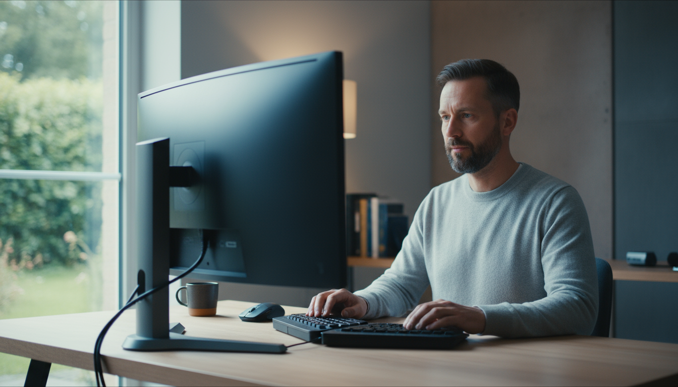 A knowledge worker thoughtfully reviews notes in an open notebook with a pen at a calm desk, soft light enhancing the reflective atmosphere.