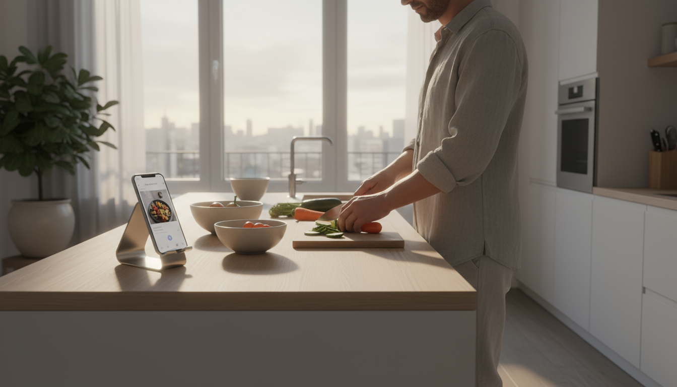 A knowledge worker customizes 'Work Focus' mode on their smartphone at a minimalist desk, bathed in natural light.