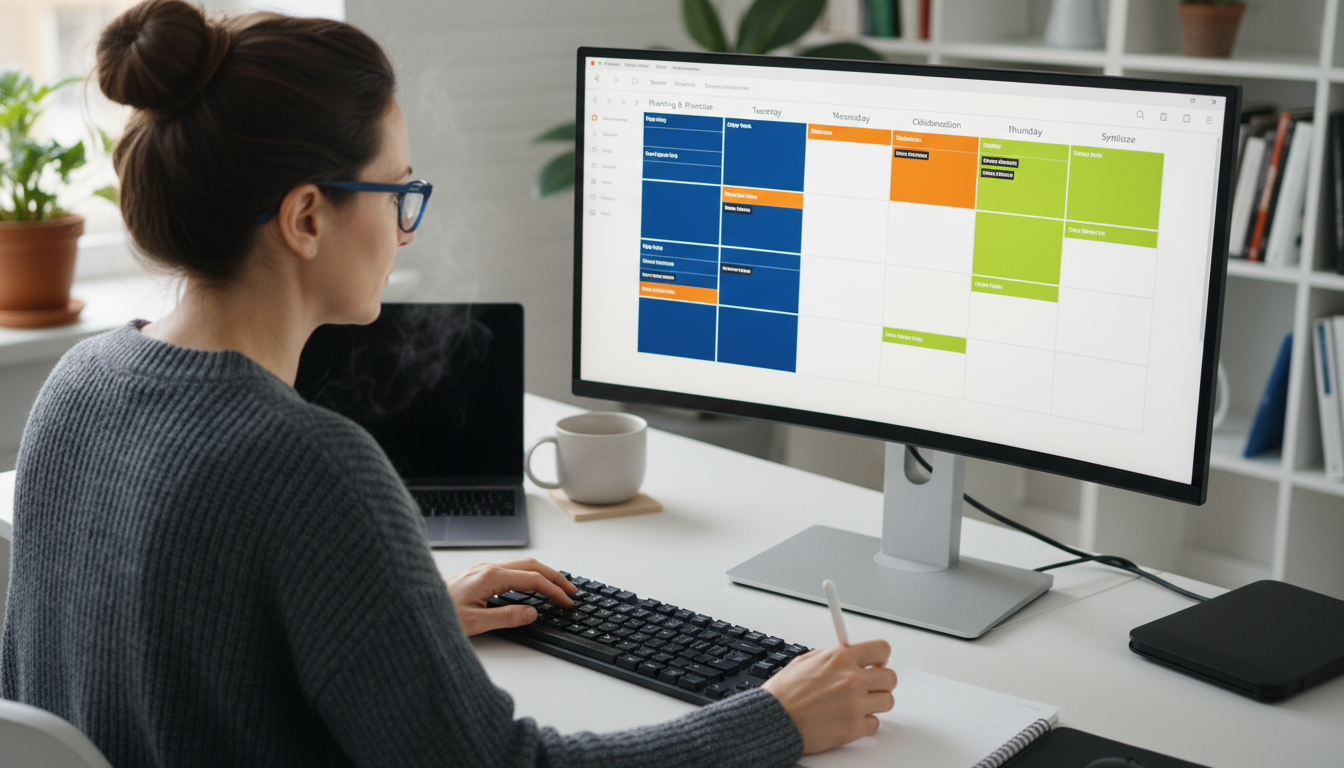 A knowledge worker intently plans their week on a large digital calendar with distinct, color-coded time blocks for various tasks.