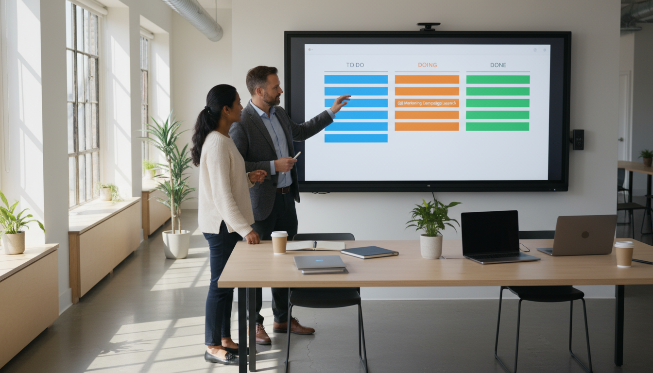 Woman at laptop, Todoist app visible with projects, tasks, and Karma score. Over-shoulder view in a minimalist, naturally lit workspace.