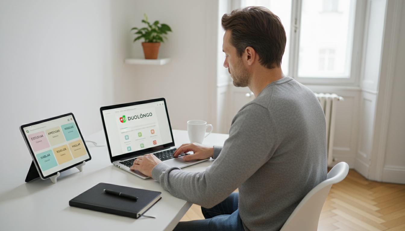 A man at a modern, clean desk, focused on learning Spanish using a laptop with a language app, a tablet showing flashcards, and an open notebook.
