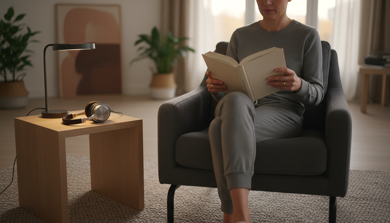 Man's cleared minimalist desk with a lit task lamp and noise-canceling headphones, signaling focus for deep work in a home office.