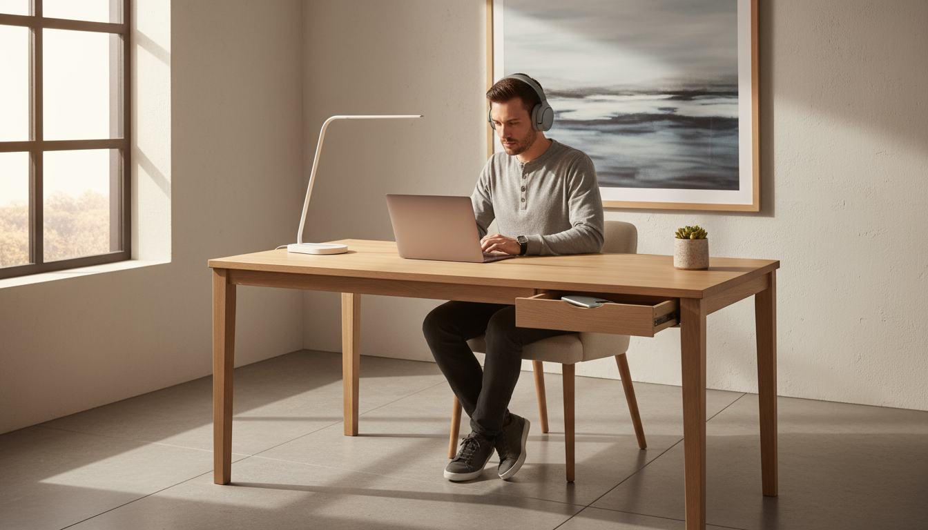 Person (mid-30s) sketches in a notebook at a minimalist table, with their smartphone placed face-down and ignored, embodying focused presence.