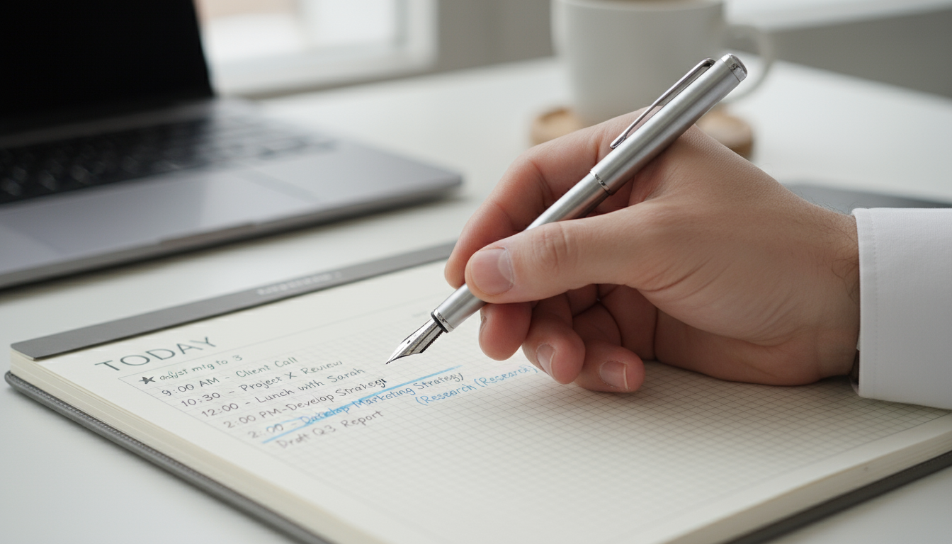 A professional sits at a minimalist desk, eyes closed in thoughtful contemplation, a journal and pen nearby, bathed in soft morning light.