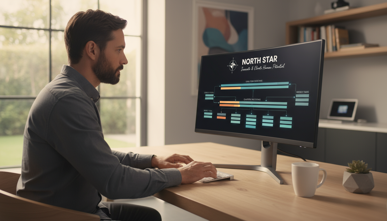 A professional at a modern, organized desk, viewing a digital dashboard that visualizes a tiered goal system from a North Star vision to daily tasks.