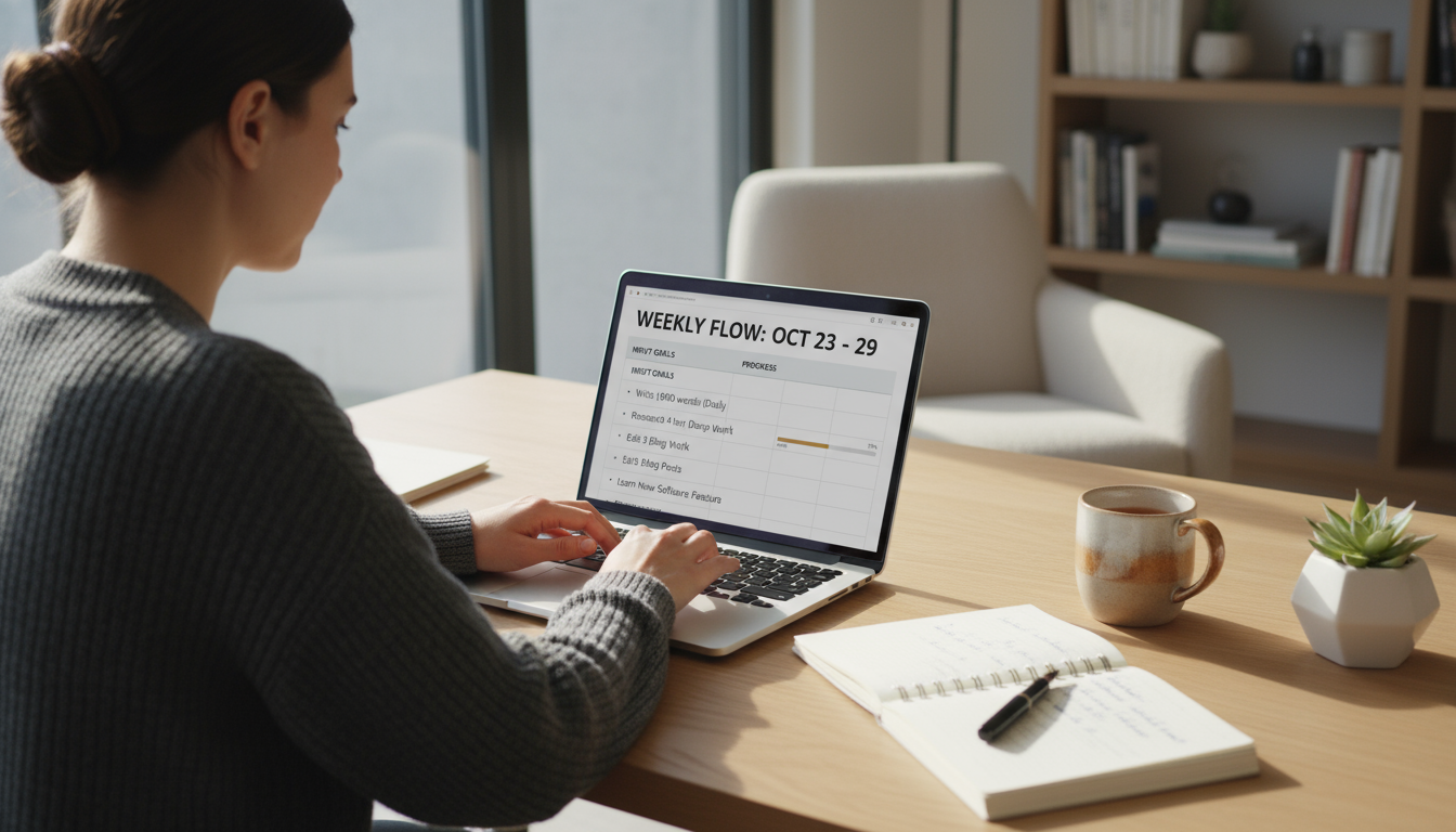 A professional standing at a desk, looking thoughtfully at a wall-mounted screen displaying an 'BIG VISION' arrow graphic in a modern office.