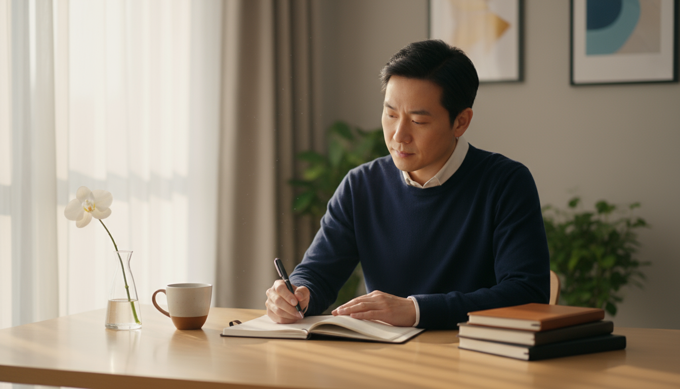A focused professional woman sits at a minimalist, light-wood desk, intently viewing her digital calendar filled with meeting blocks in a calm, sunlit