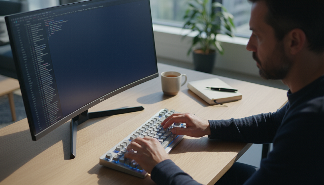 Focused woman at minimalist desk, left hand on 'Alt' key, right finger near 'Tab,' email open over a report on screen.