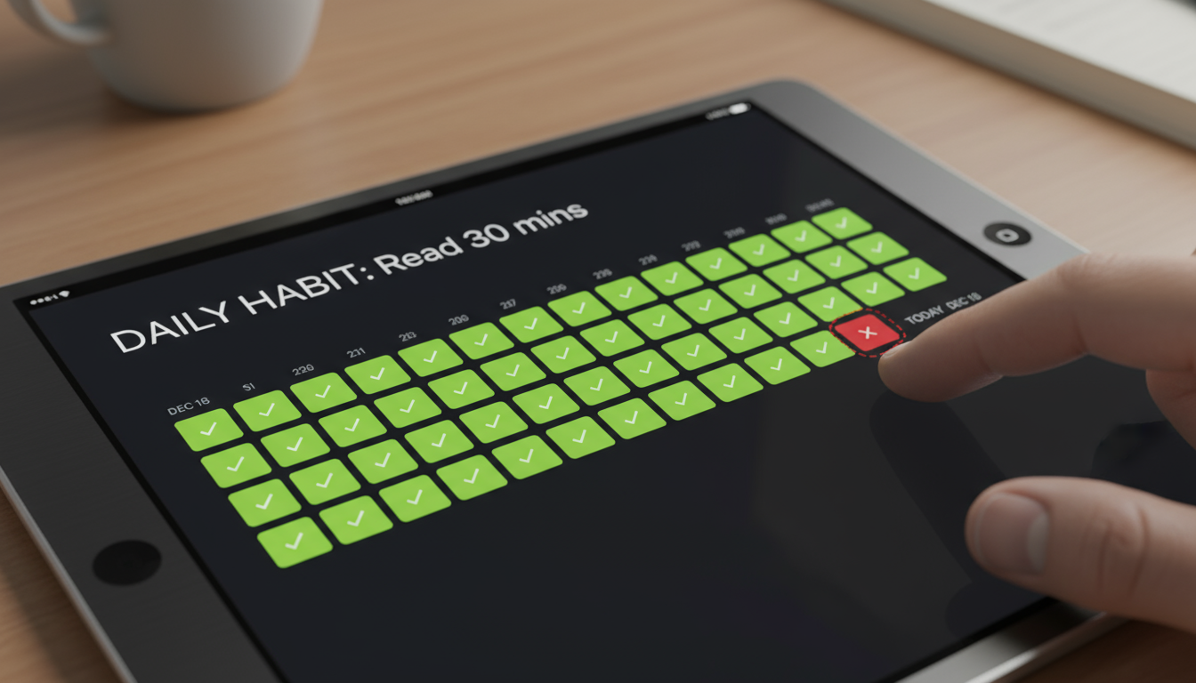A close-up of a habit tracker app on a smartphone screen, displaying a long green streak broken by one missed day, with a hand hovering above.