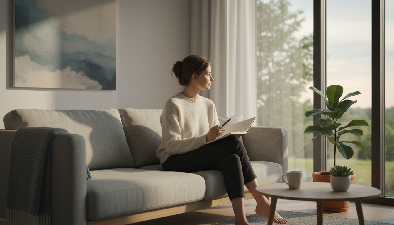 Close-up of a person's left hand cleanly forming a C chord on an acoustic guitar fretboard, with an open notebook and metronome in the soft background