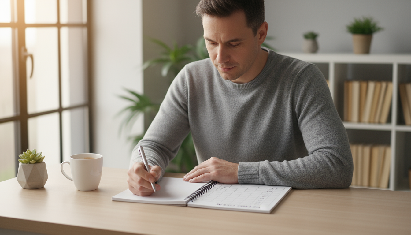 Hands writing specific goal-oriented time blocks into a clean, open weekly planner on a minimalist wood desk, lit by natural light.