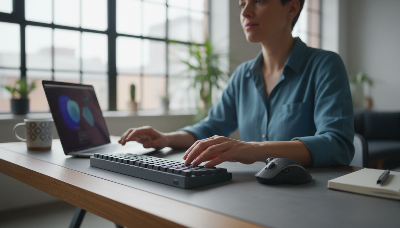 A clear glass of water, a stack of yellow sticky notes, and a pen are neatly arranged on a minimalist kitchen counter in soft morning light.