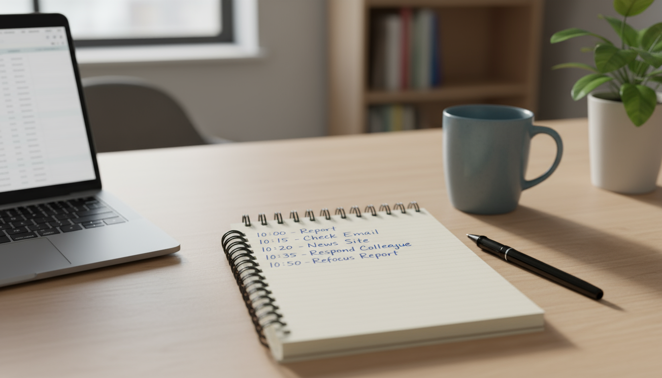 Close-up of a hand rapidly writing a varied task list on a notebook page, including work and personal items, on a clean desk.